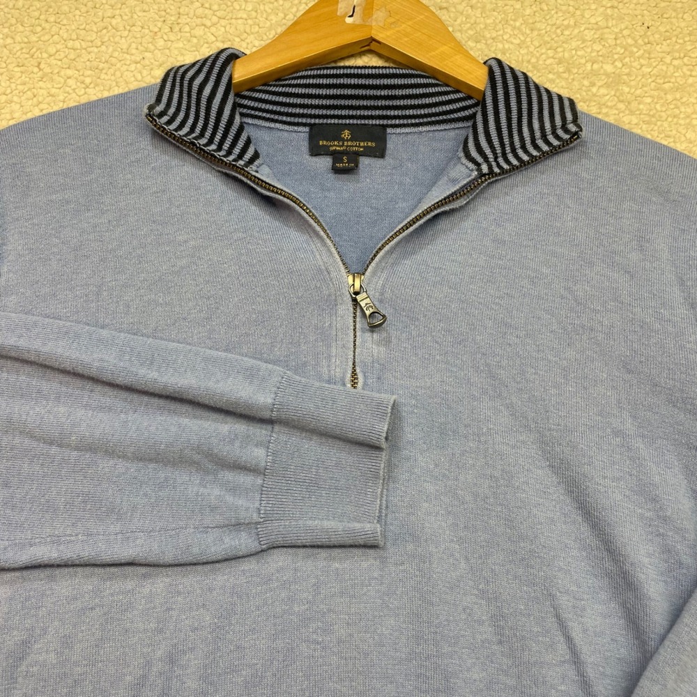 Brooks Brothers Sweater Mens S Blue Supima Cotton Quarter Zip Mock Neck Striped